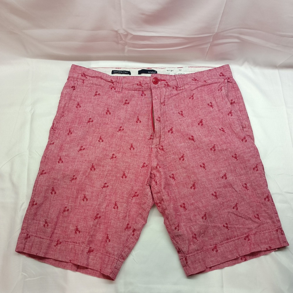 Bruno Mens Lobster Print Linen Blend Shorts Red Classic Fit Size 32 Nautical